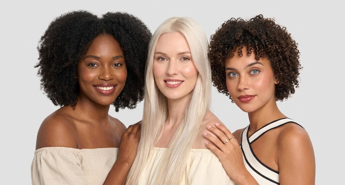 Three women with different hair types standing together against a plain background