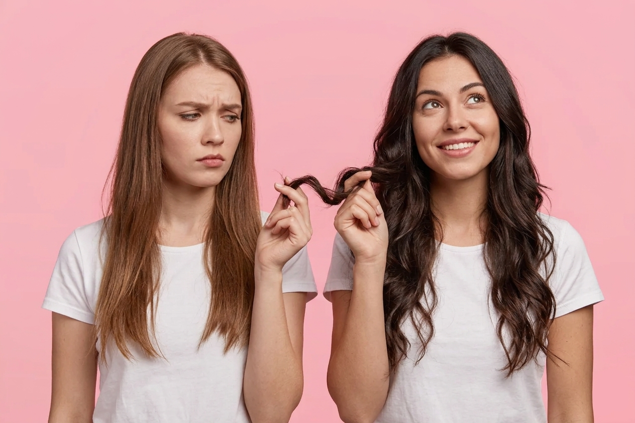 Two women comparing their hair lengths against a pink background